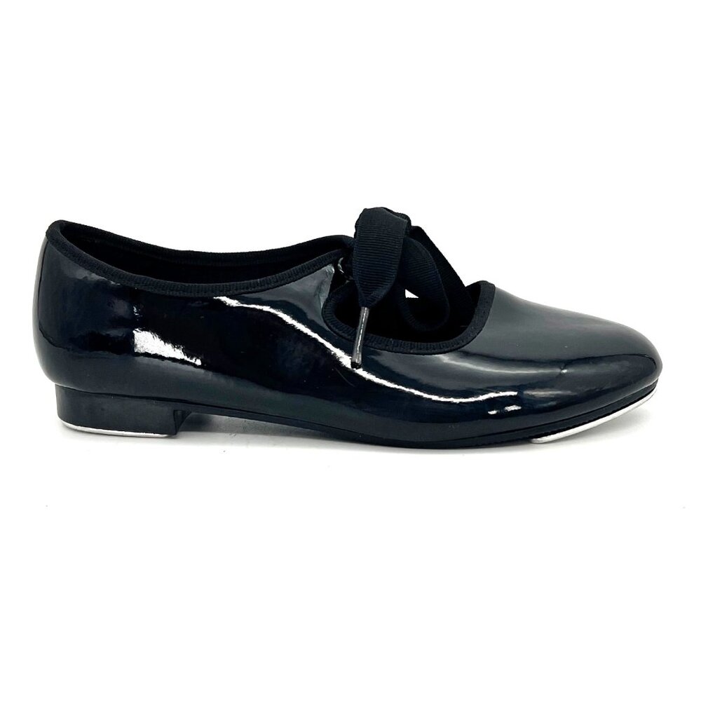 Dance Class Trimfoot Tap Shoes Girls Size 2 Black Patent Faux Leather Ribbon Tie - Picture 9 of 15